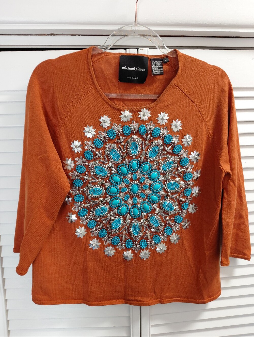 michael simon Y2K Women's Medallion Orange Turqoise Silver Embellished Sweater